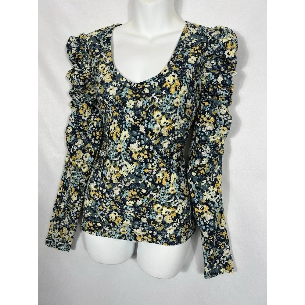 Loft Womens Micro Floral Puff Sleeve Top Size M Cottagecore Boho‎ Prairie Spring